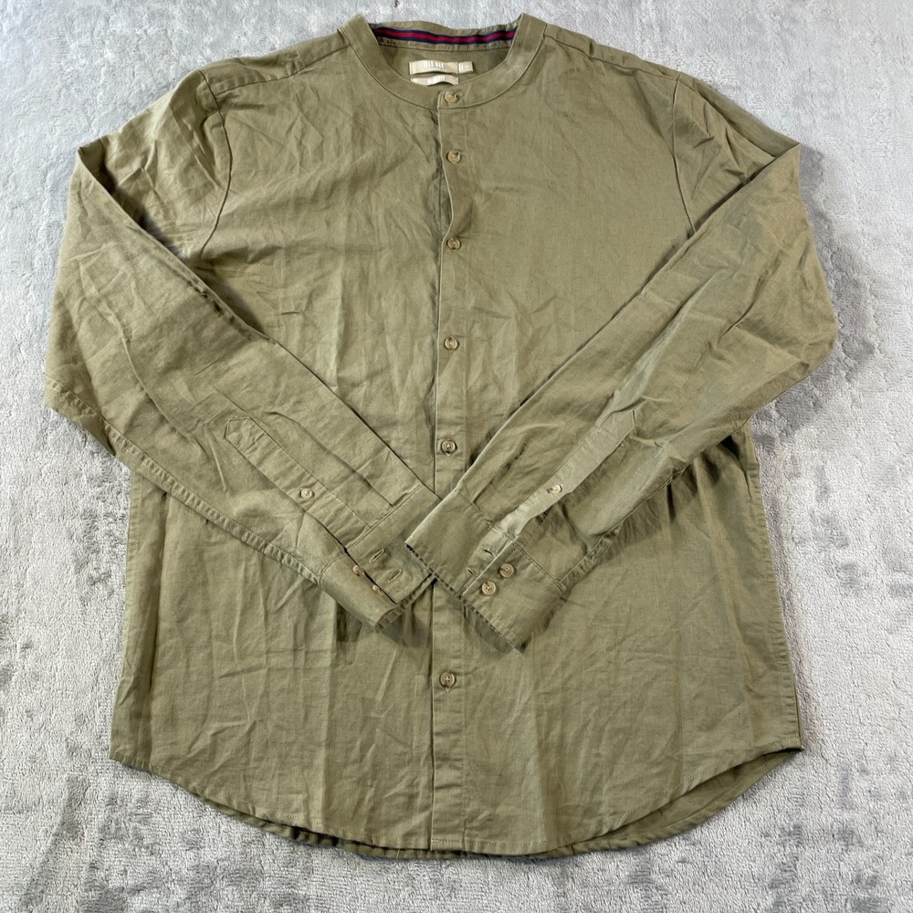 Isle‎ Bay Shirt Men Large Green Linen Slim Long Sleeve Roll Tab Beach Resortwear